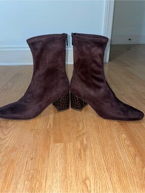 Donald Pliner Dark Brown Suede Ankle Booties with Textured Block Heel